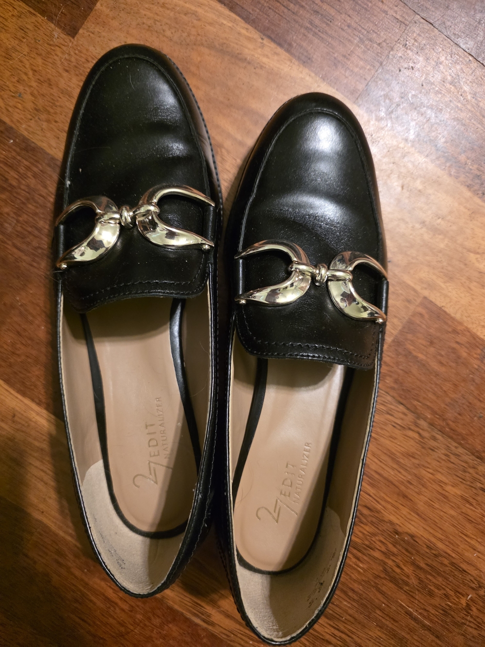 27 EDIT Black Leather Loafers with Gold Horsebit Accent